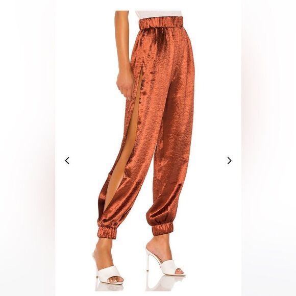 Lovers & Friends Tristan Jogger Satin Side Slit Pants Rust Terracotta Brown NWT - Picture 3 of 15